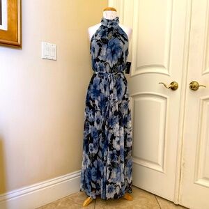 New Elegant Blue Floral Halter Maxi Dress